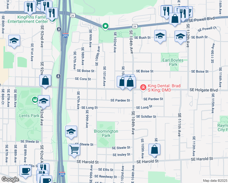 map of restaurants, bars, coffee shops, grocery stores, and more near 10129 Southeast Pardee Street in Portland