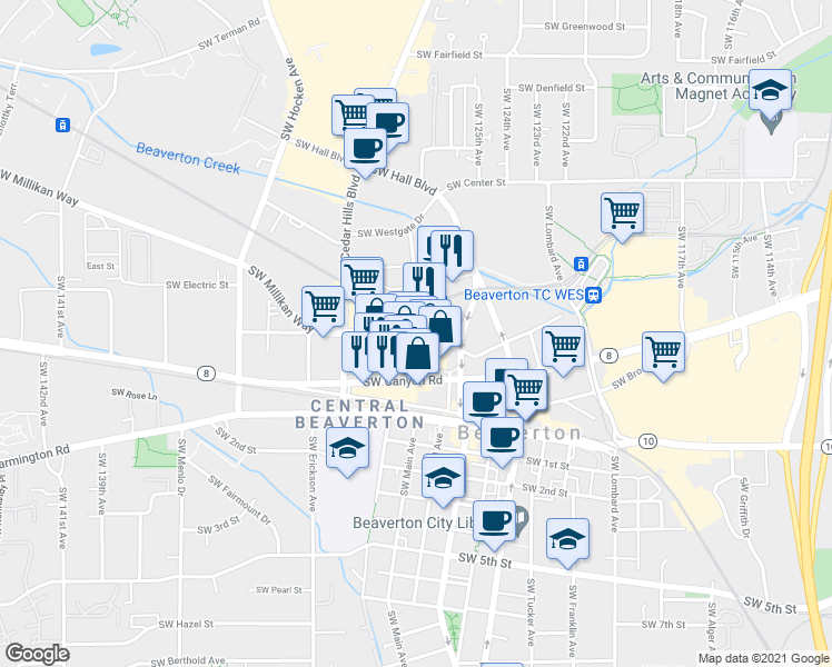 map of restaurants, bars, coffee shops, grocery stores, and more near 4250 Southwest Rose Biggi Avenue in Beaverton