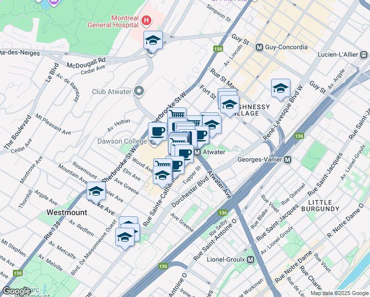 map of restaurants, bars, coffee shops, grocery stores, and more near in Westmount