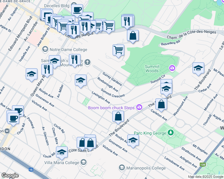 map of restaurants, bars, coffee shops, grocery stores, and more near 55 Summit Crescent in Westmount