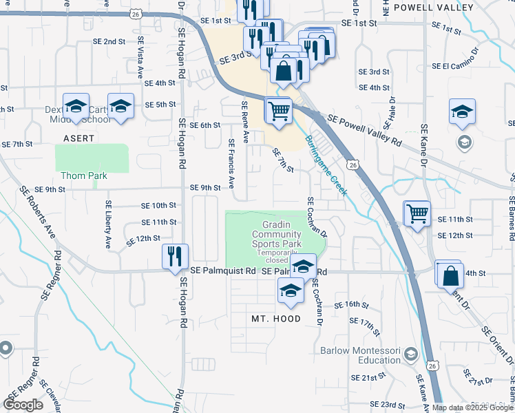 map of restaurants, bars, coffee shops, grocery stores, and more near 2236-2238 Southeast 10th Street in Gresham