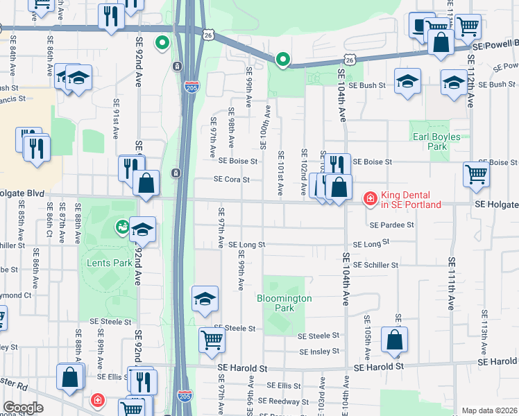 map of restaurants, bars, coffee shops, grocery stores, and more near 10019 Southeast Pardee Street in Portland