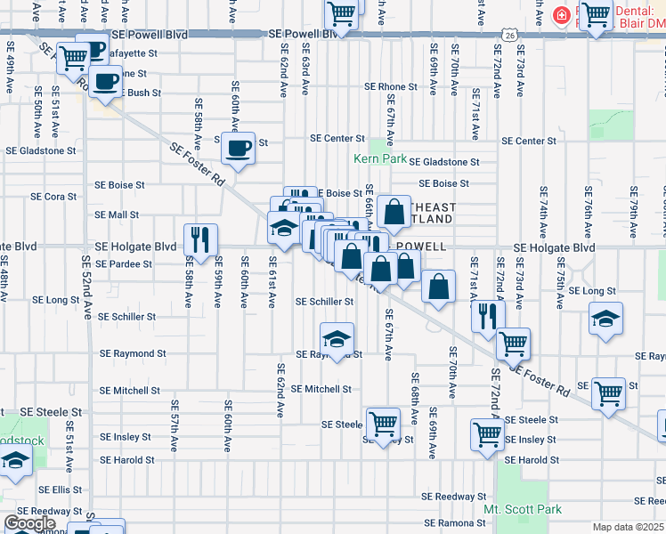 map of restaurants, bars, coffee shops, grocery stores, and more near 6432-6434 Southeast Foster Road in Portland