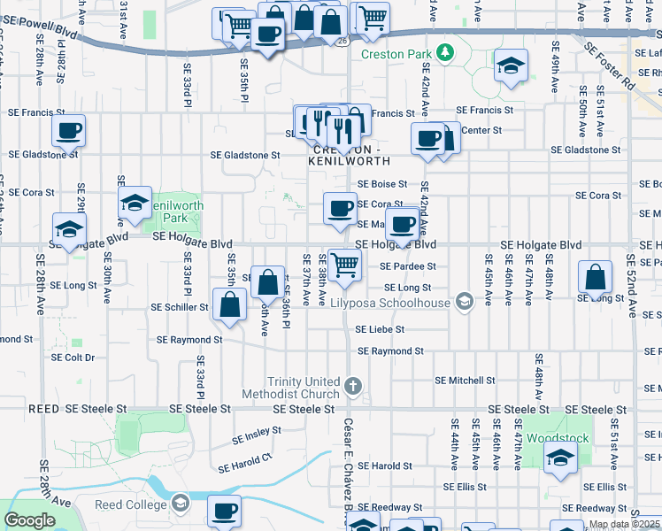map of restaurants, bars, coffee shops, grocery stores, and more near 4715 Southeast Cesar Estrada Chavez Boulevard in Portland