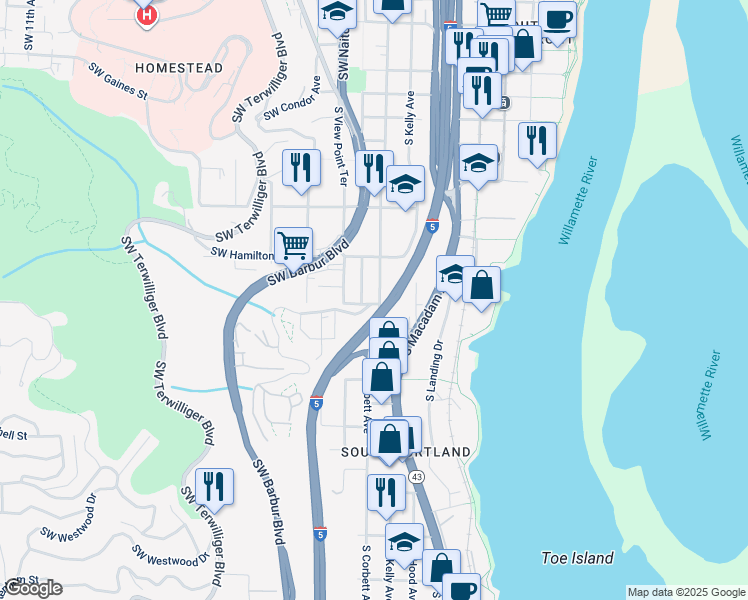 map of restaurants, bars, coffee shops, grocery stores, and more near 0205 South Seymour Court in Portland