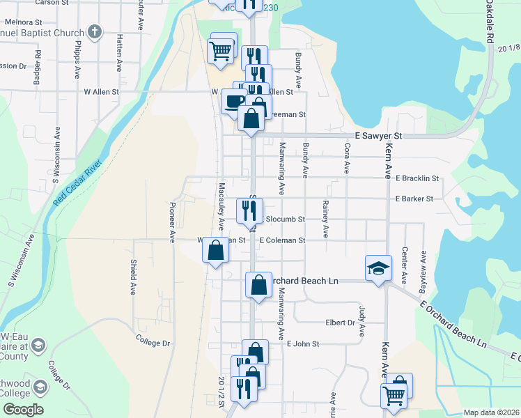 map of restaurants, bars, coffee shops, grocery stores, and more near 1011 South Main Street in Rice Lake