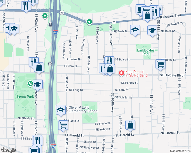 map of restaurants, bars, coffee shops, grocery stores, and more near 10144 Southeast Holgate Boulevard in Portland