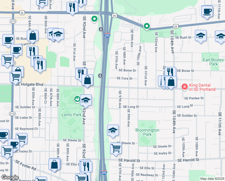 map of restaurants, bars, coffee shops, grocery stores, and more near 4558 Southeast 96th Avenue in Portland