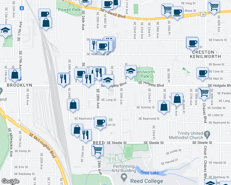 map of restaurants, bars, coffee shops, grocery stores, and more near 4614 Southeast 29th Avenue in Portland