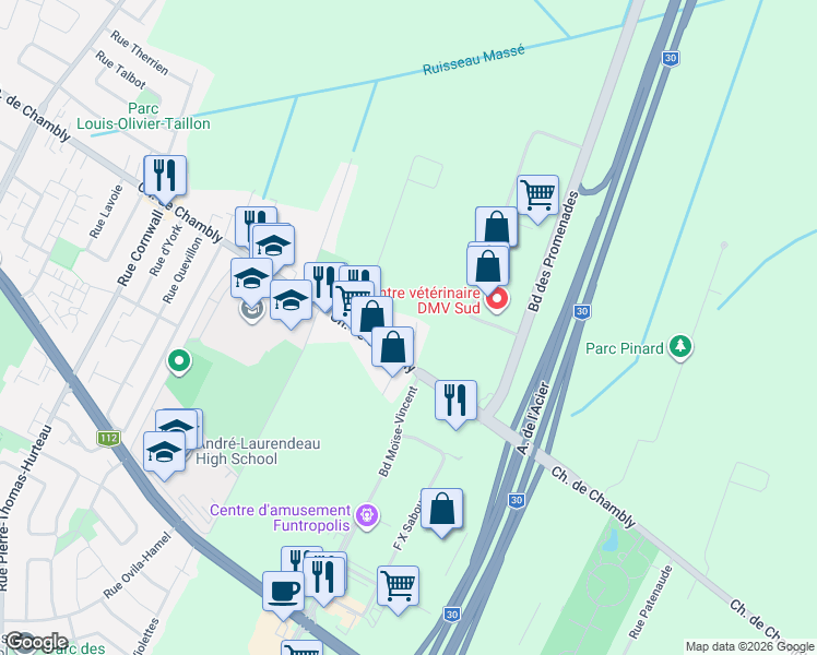 map of restaurants, bars, coffee shops, grocery stores, and more near 7750 Chemin de Chambly in Longueuil