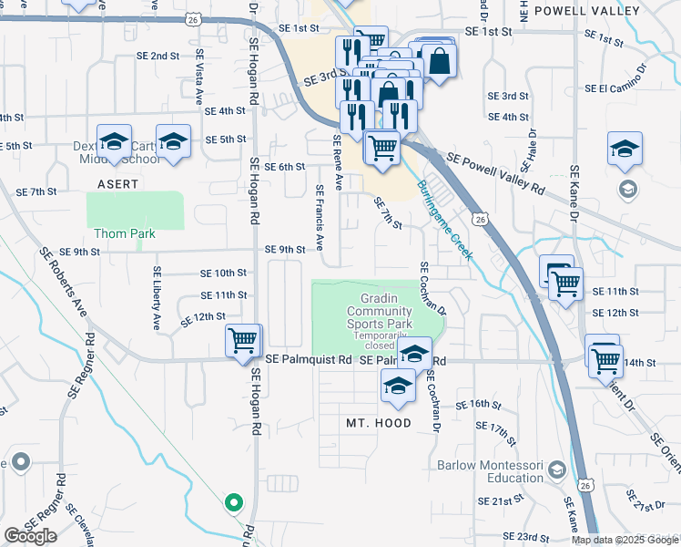 map of restaurants, bars, coffee shops, grocery stores, and more near 2148 Southeast 10th Street in Gresham