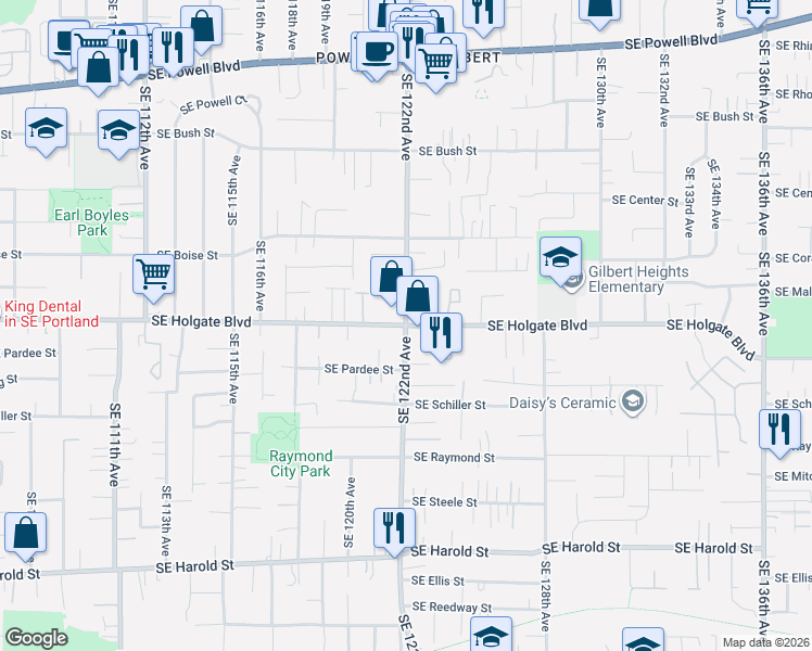 map of restaurants, bars, coffee shops, grocery stores, and more near SE Holgate Blvd & SE 122nd Ave in Portland