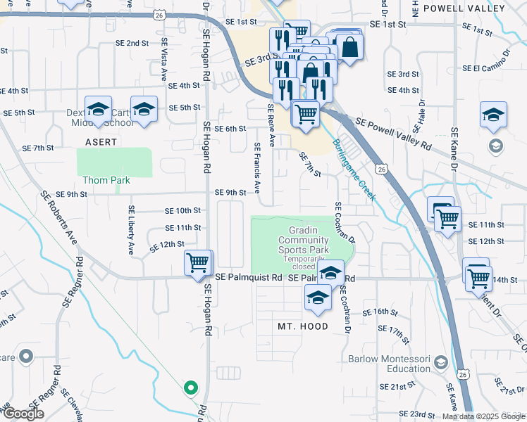 map of restaurants, bars, coffee shops, grocery stores, and more near 2148 Southeast 10th Street in Gresham