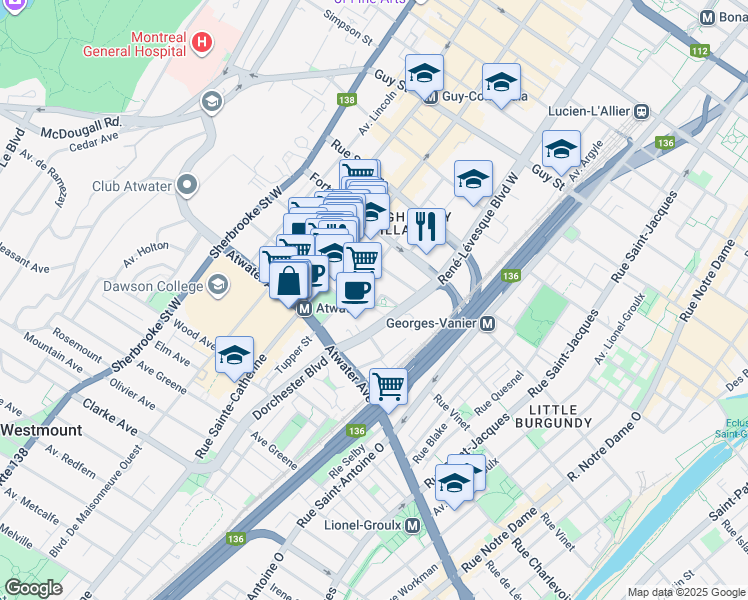 map of restaurants, bars, coffee shops, grocery stores, and more near 1195 Rue du Sussex in Montréal