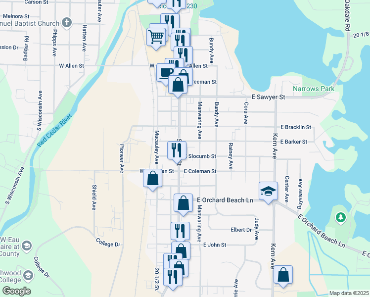 map of restaurants, bars, coffee shops, grocery stores, and more near 1011 South Main Street in Rice Lake