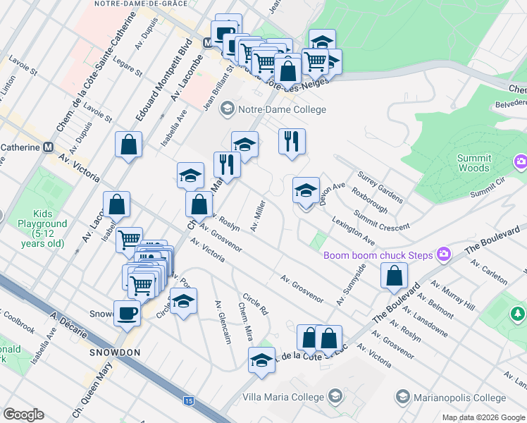 map of restaurants, bars, coffee shops, grocery stores, and more near 4570 Avenue Miller in Montréal