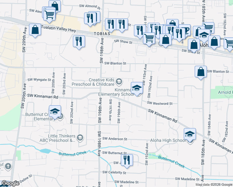 map of restaurants, bars, coffee shops, grocery stores, and more near 19580 Southwest Kinnaman Road in Aloha