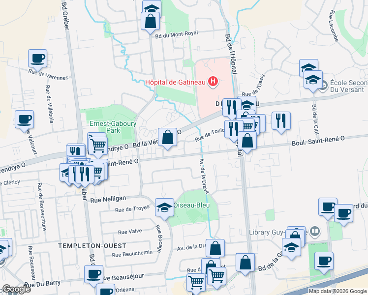 map of restaurants, bars, coffee shops, grocery stores, and more near Rue de Milan in Gatineau