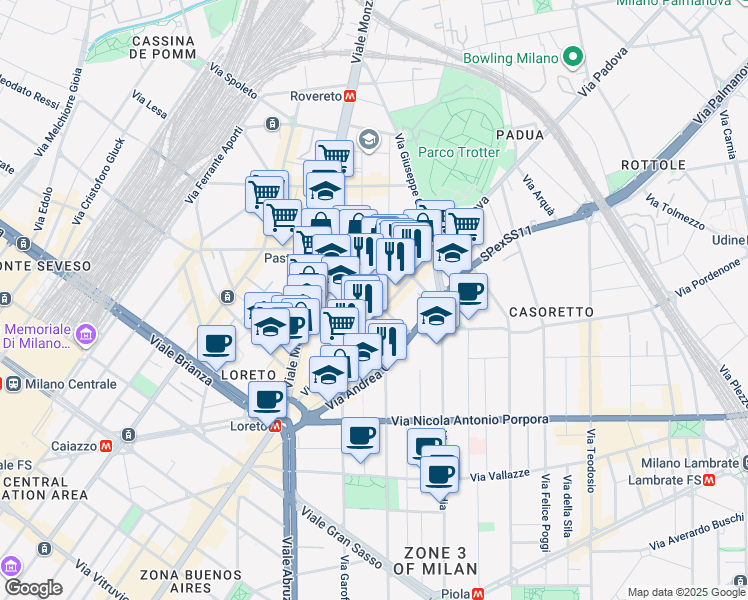 map of restaurants, bars, coffee shops, grocery stores, and more near 36 Via Padova in Milan