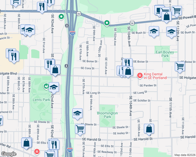map of restaurants, bars, coffee shops, grocery stores, and more near 10019 Southeast Pardee Street in Portland