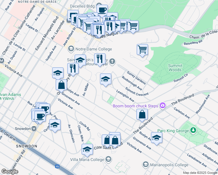 map of restaurants, bars, coffee shops, grocery stores, and more near 804 Avenue Lexington in Westmount