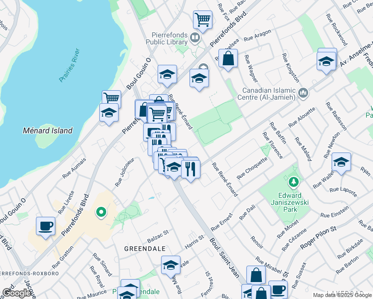 map of restaurants, bars, coffee shops, grocery stores, and more near 4570 Rue René-Émard in Montréal