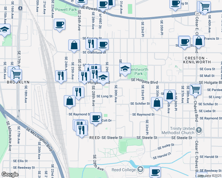 map of restaurants, bars, coffee shops, grocery stores, and more near 4608 Southeast 29th Avenue in Portland