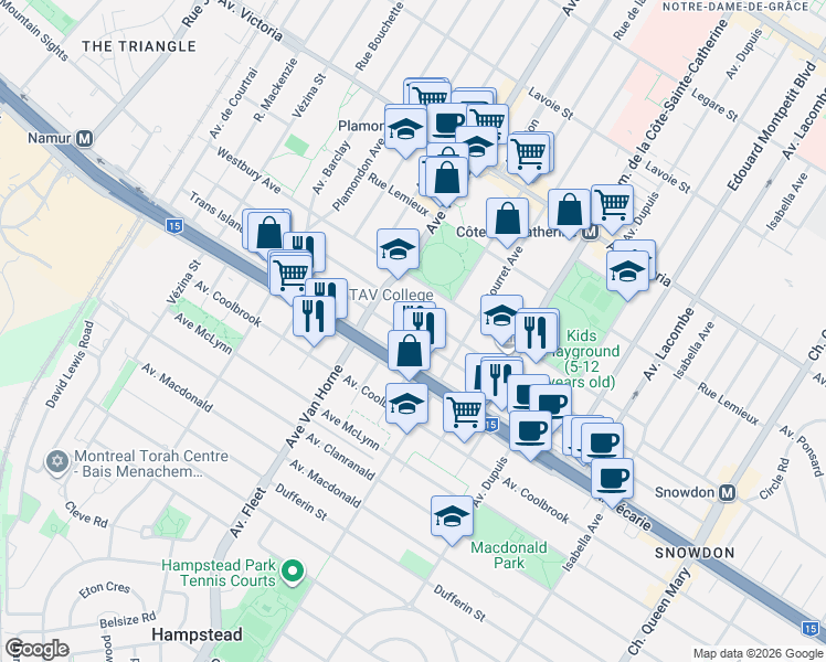 map of restaurants, bars, coffee shops, grocery stores, and more near 5925 Avenue Trans Island in Montréal