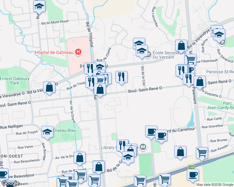 map of restaurants, bars, coffee shops, grocery stores, and more near 830 Boulevard Saint-René Ouest in Gatineau