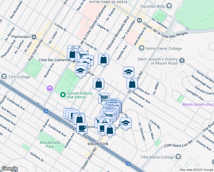 map of restaurants, bars, coffee shops, grocery stores, and more near 5250 Avenue Victoria in Montréal