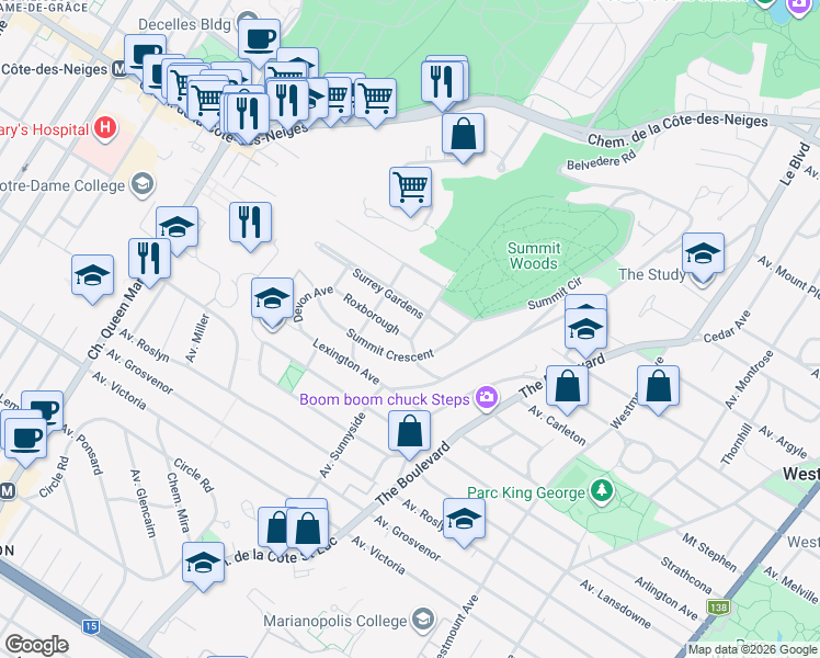map of restaurants, bars, coffee shops, grocery stores, and more near 3 Avenue Roxborough in Westmount