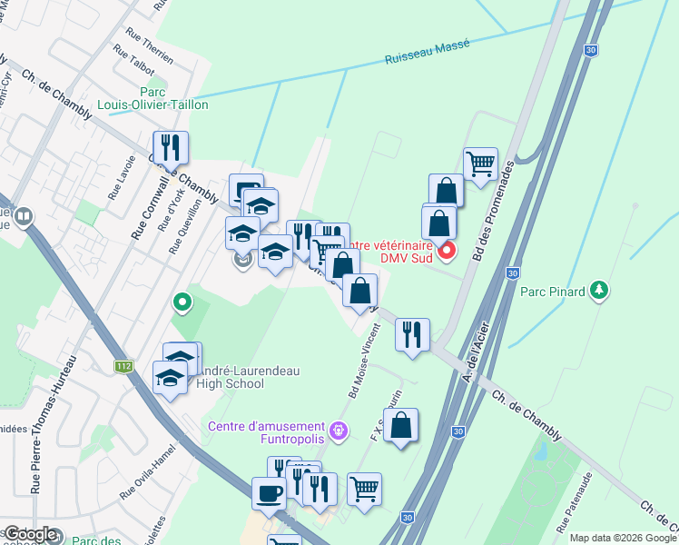 map of restaurants, bars, coffee shops, grocery stores, and more near 7630 Chemin de Chambly in Longueuil