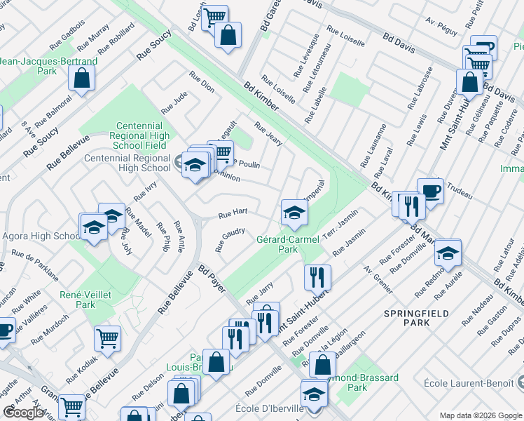 map of restaurants, bars, coffee shops, grocery stores, and more near 1138 Rue des Cascades in Longueuil
