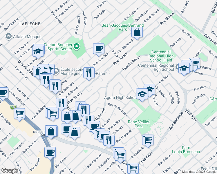 map of restaurants, bars, coffee shops, grocery stores, and more near 625 Rue Bellevue in Longueuil