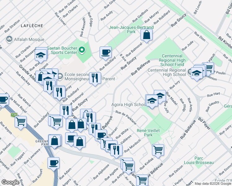 map of restaurants, bars, coffee shops, grocery stores, and more near 625 Rue Bellevue in Longueuil