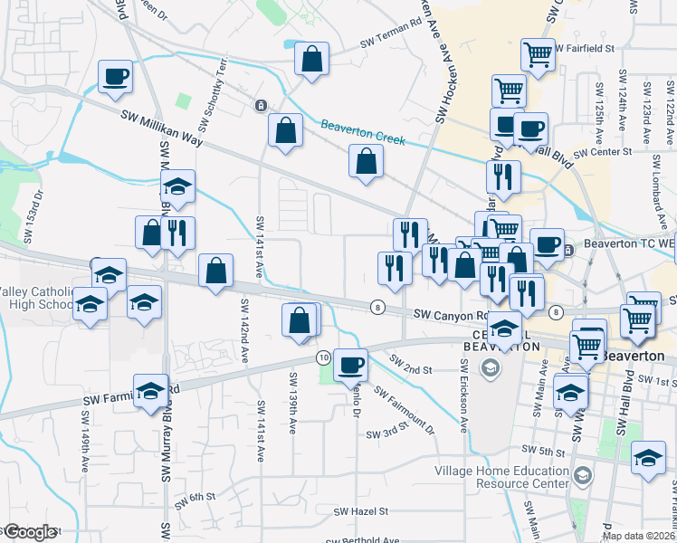 map of restaurants, bars, coffee shops, grocery stores, and more near 4175 Southwest Tualaway Avenue in Beaverton