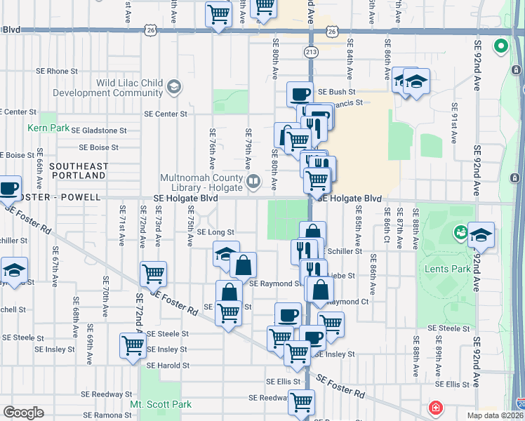 map of restaurants, bars, coffee shops, grocery stores, and more near 4644 Southeast 79th Avenue in Portland
