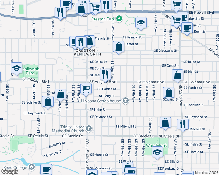 map of restaurants, bars, coffee shops, grocery stores, and more near 4205 Southeast Long Street in Portland