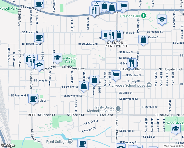 map of restaurants, bars, coffee shops, grocery stores, and more near 4708 Southeast 36th Avenue in Portland
