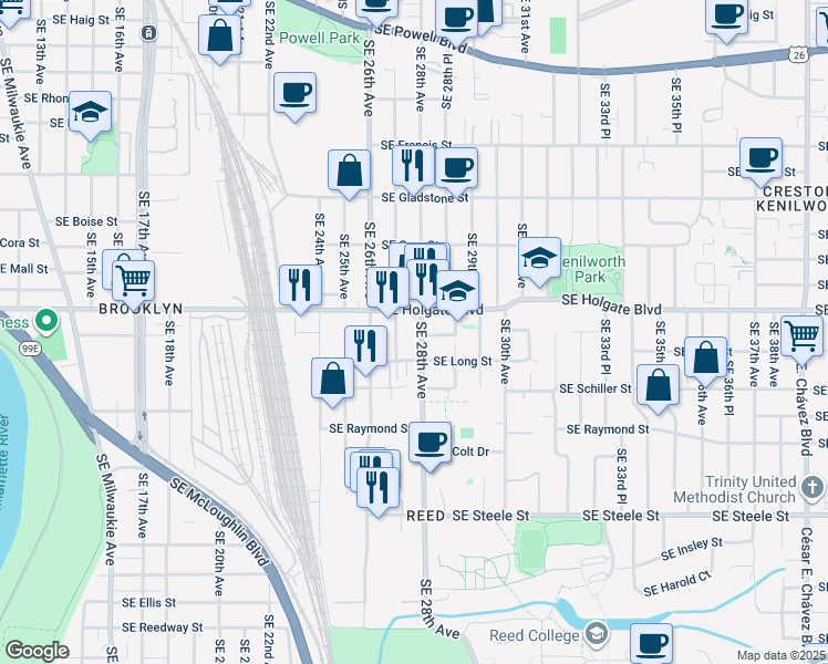 map of restaurants, bars, coffee shops, grocery stores, and more near 2703 Southeast Long Street in Portland