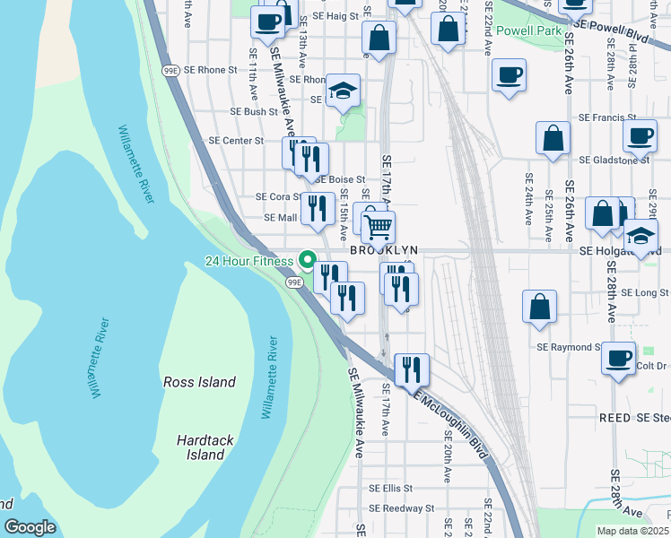 map of restaurants, bars, coffee shops, grocery stores, and more near 4616 Southeast Milwaukie Avenue in Portland