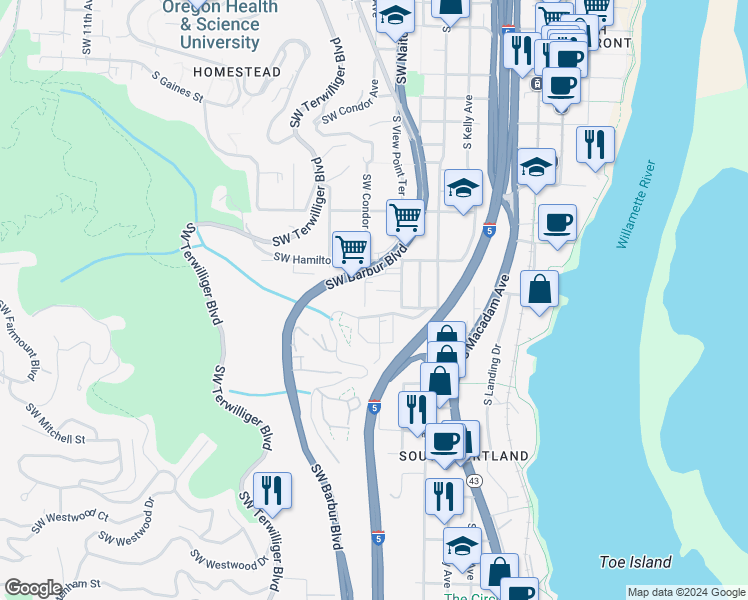 map of restaurants, bars, coffee shops, grocery stores, and more near 4723 Southwest 1st Avenue in Portland