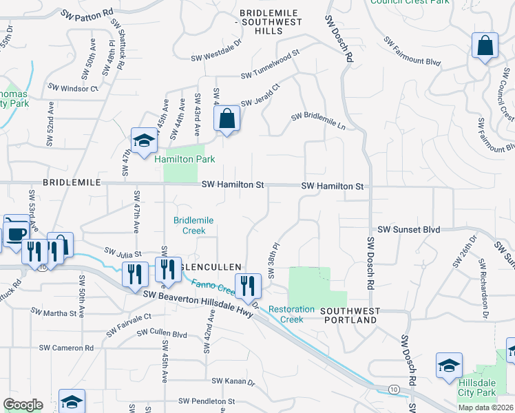 map of restaurants, bars, coffee shops, grocery stores, and more near 4002 Southwest Seymour Court in Portland