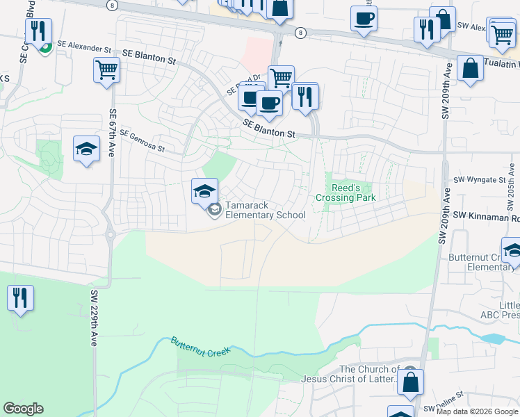 map of restaurants, bars, coffee shops, grocery stores, and more near 4195 Southeast Northeast 76th Avenue in Hillsboro