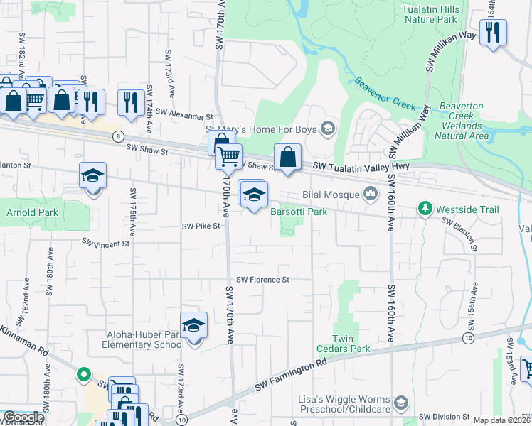 map of restaurants, bars, coffee shops, grocery stores, and more near 4265 Southwest 167th Avenue in Aloha