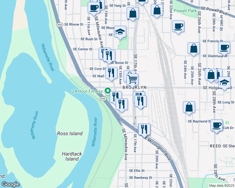 map of restaurants, bars, coffee shops, grocery stores, and more near 1415 Southeast Pardee Street in Portland