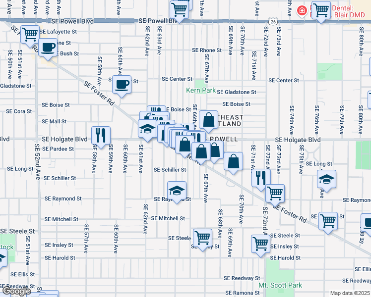 map of restaurants, bars, coffee shops, grocery stores, and more near 6432 Southeast Foster Road in Portland