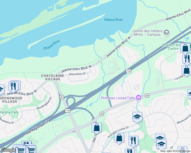 map of restaurants, bars, coffee shops, grocery stores, and more near 1165 Falconcrest Court in Ottawa