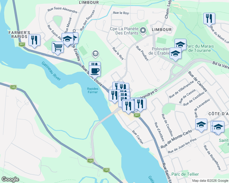 map of restaurants, bars, coffee shops, grocery stores, and more near 2367 Rue Saint-Louis in Gatineau
