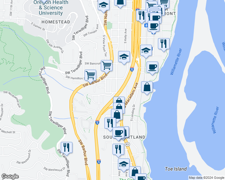 map of restaurants, bars, coffee shops, grocery stores, and more near 4630 Southwest Water Avenue in Portland